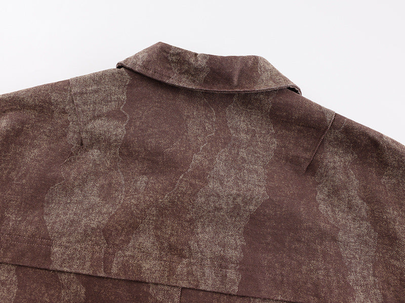 Men's Brown Bomber Jacket Vintage Washed Camo-Pattern Zip-Up Outerwear
