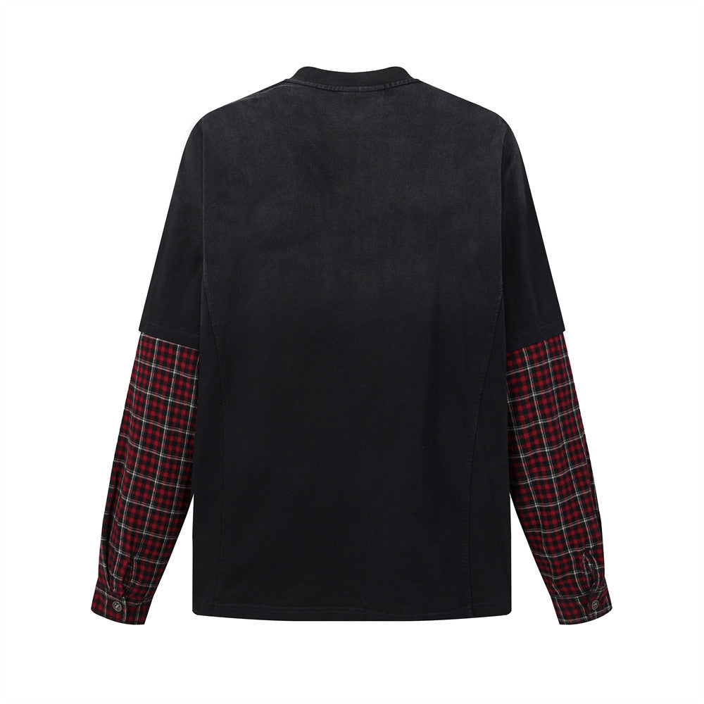 Chemise Henley manches longues patchwork à carreaux pour homme – Délavée et usée, façon
