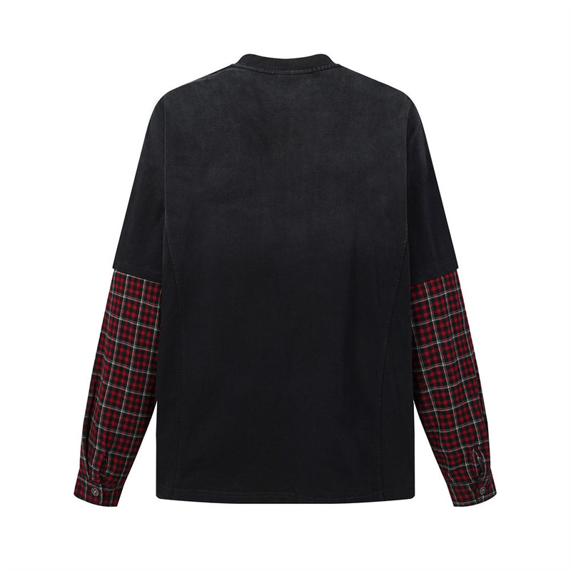 Chemise Henley manches longues patchwork à carreaux pour homme – Délavée et usée, façon