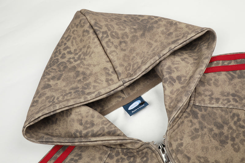 Hoodie-Jacke mit Reißverschluss, Leopardenprint und roten Seitenstreifen