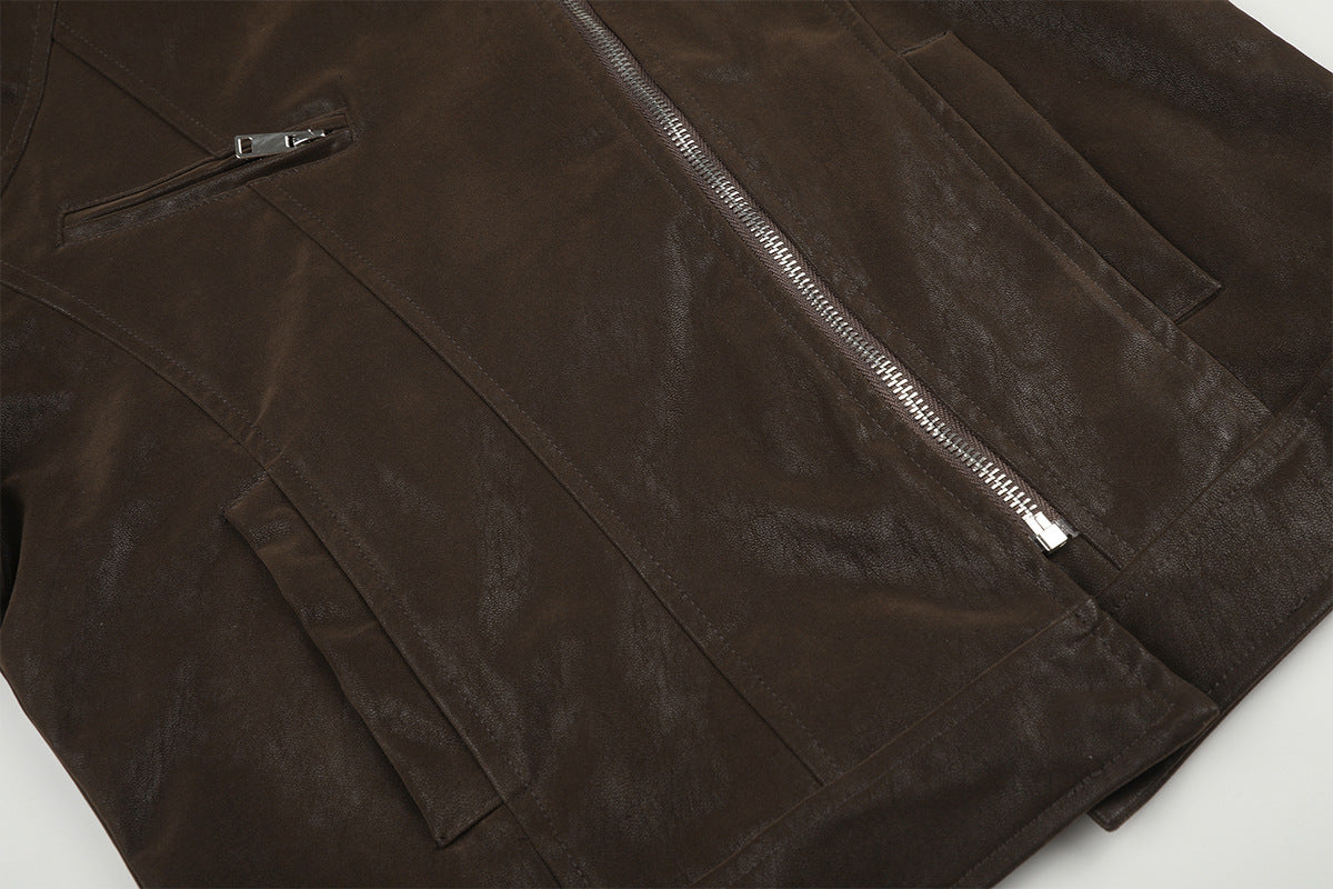 Vintage Brown Leather Jacket – Moto Biker Style, Asymmetric Zip, Cropped Fit
