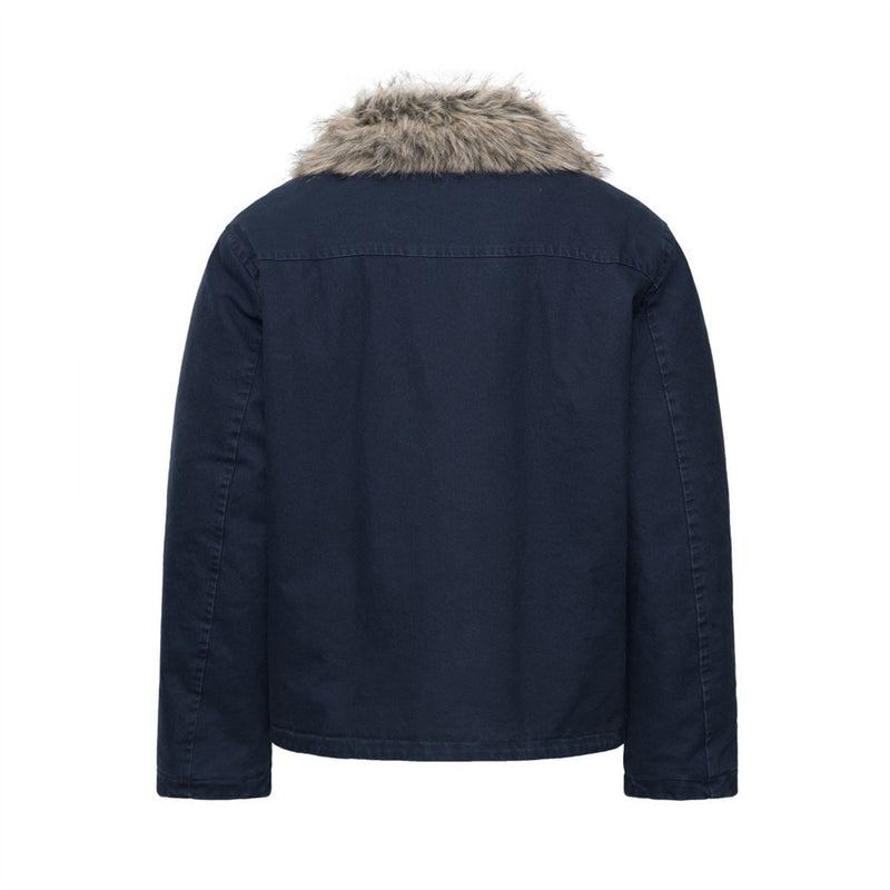 Men's Padded Canvas Jacket with Faux Fur Collar & Metal Toggle Closures