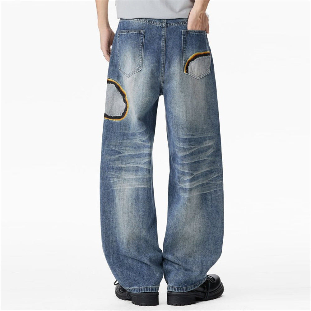 Men's Baggy Straight-Leg Jeans with Embroidered Patch Detail – Distressed Blue