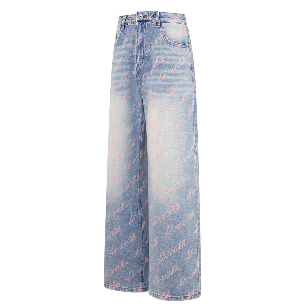 Wide-Leg Jeans with Allover Pink Script Print – Light Blue Washed Denim
