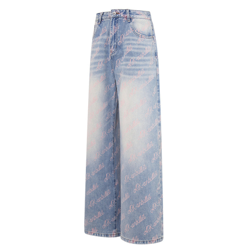 Wide-Leg Jeans with Allover Pink Script Print – Light Blue Washed Denim
