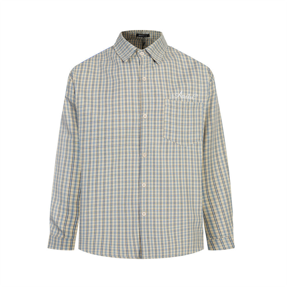 Men's oversized plaid long-sleeve button-up shirt with embroidered chest pocket in beige-blue check