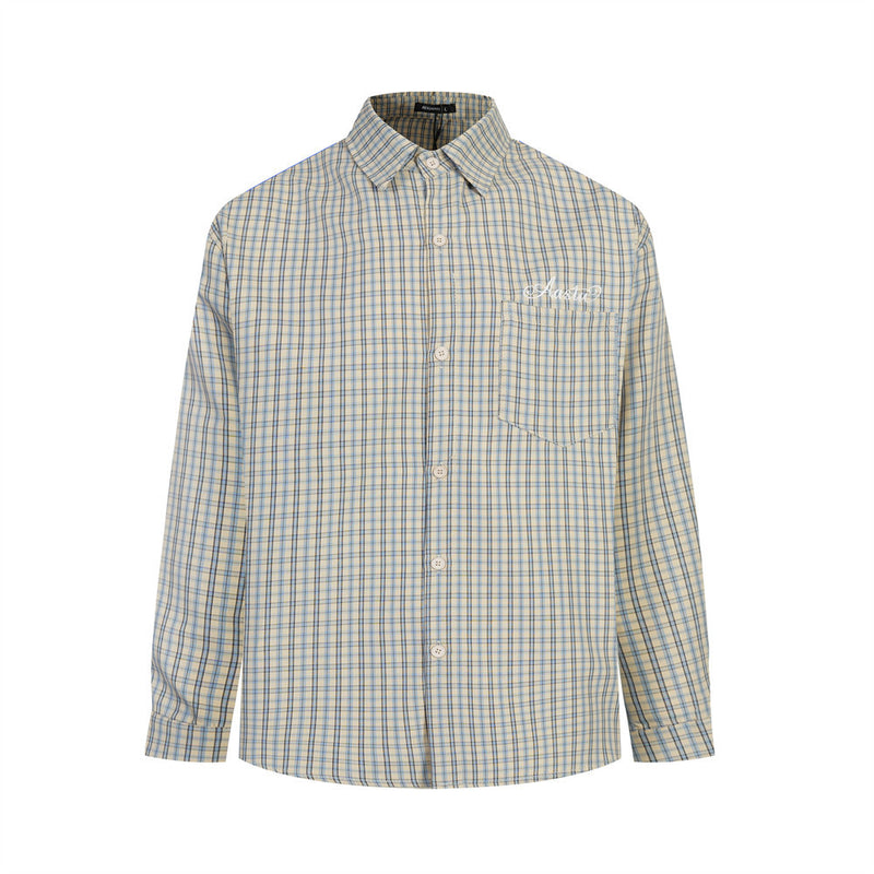 Men's oversized plaid long-sleeve button-up shirt with embroidered chest pocket in beige-blue check