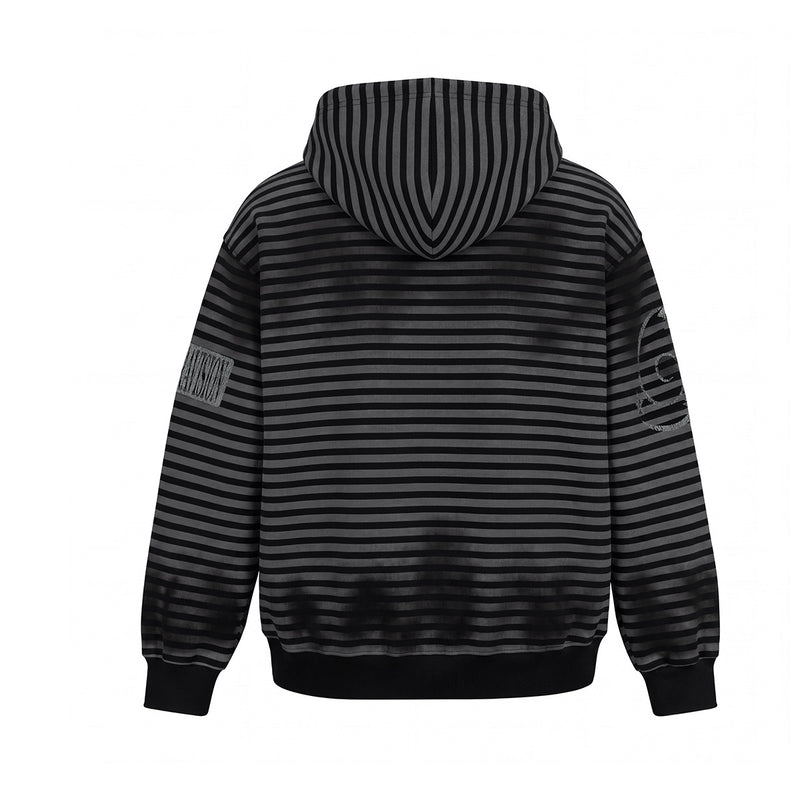 Striped Zip-Up Hoodie – Distressed Dark Streetwear with Music Graphic Print