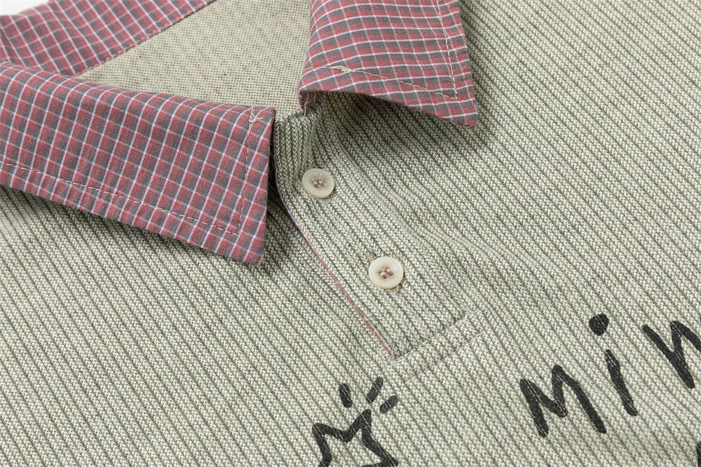 Faux Two-Piece Plaid Long Sleeve Polo Shirt with Graphic Print