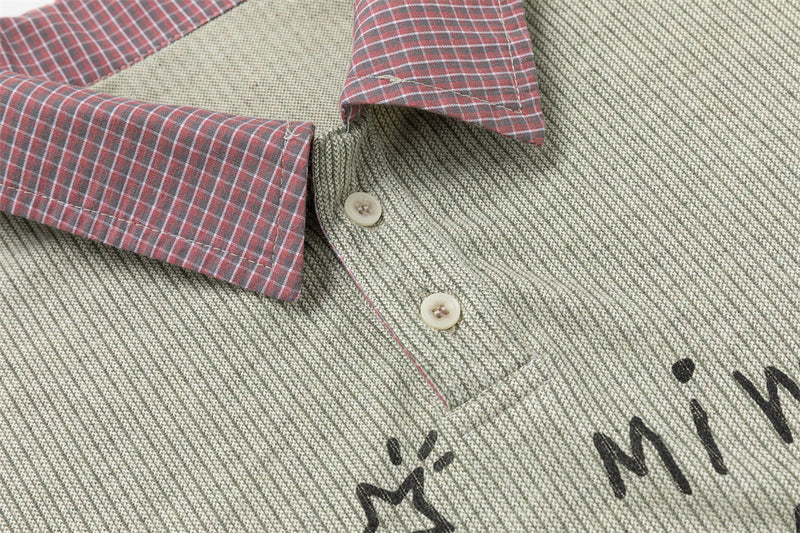 Faux Two-Piece Plaid Long Sleeve Polo Shirt with Graphic Print