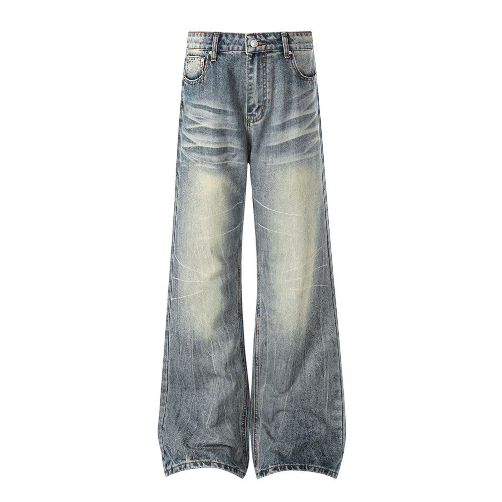 Men's vintage washed wide-leg flare jeans in distressed blue denim with crease and fade detailing, front and back view