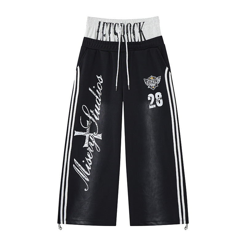 Wide-Leg-Sweatpants mit Colorblock-Doppelbund und Varsity-Grafikprint