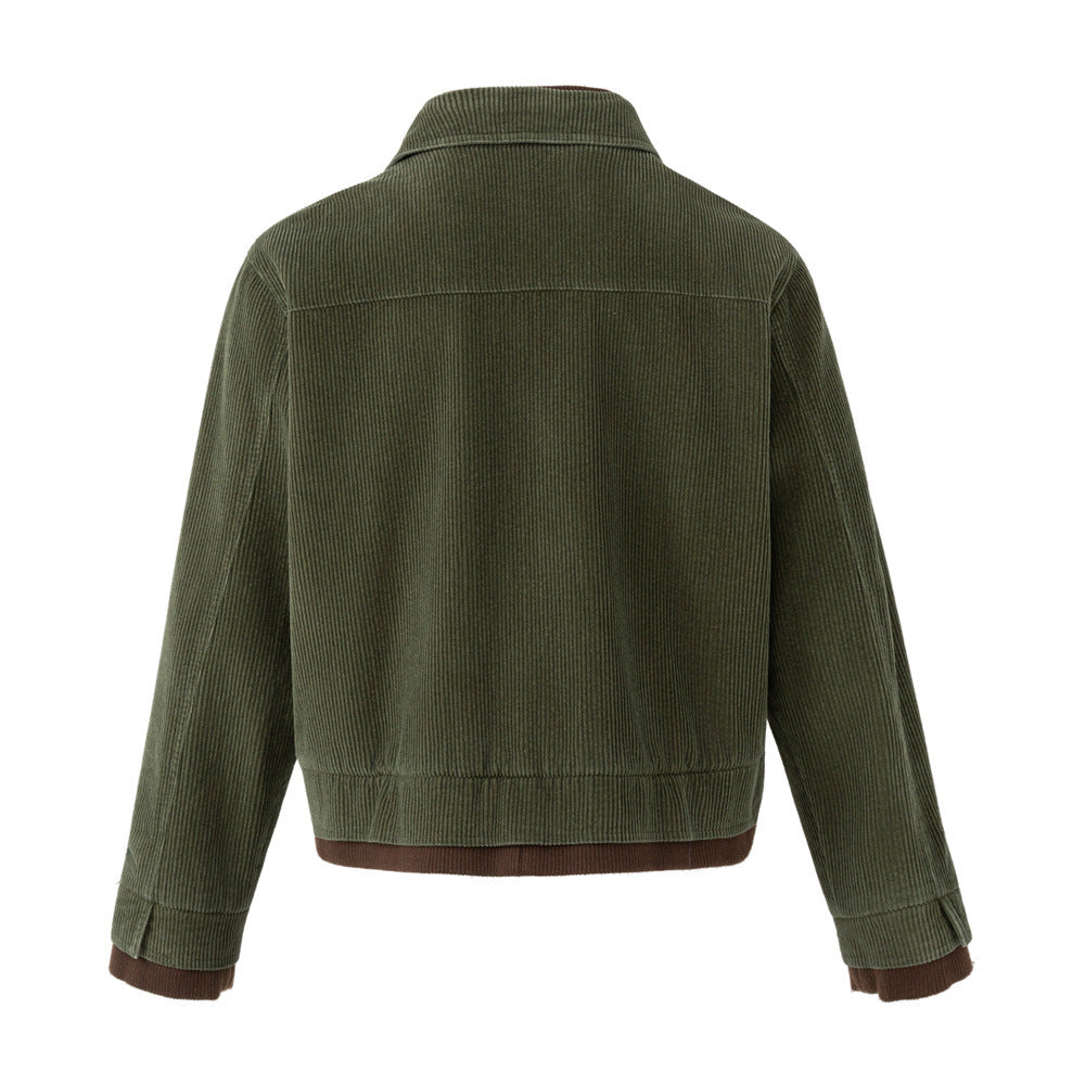 Men's Army Green Corduroy Jacket with Metal Buttons & Layered Hem Detail