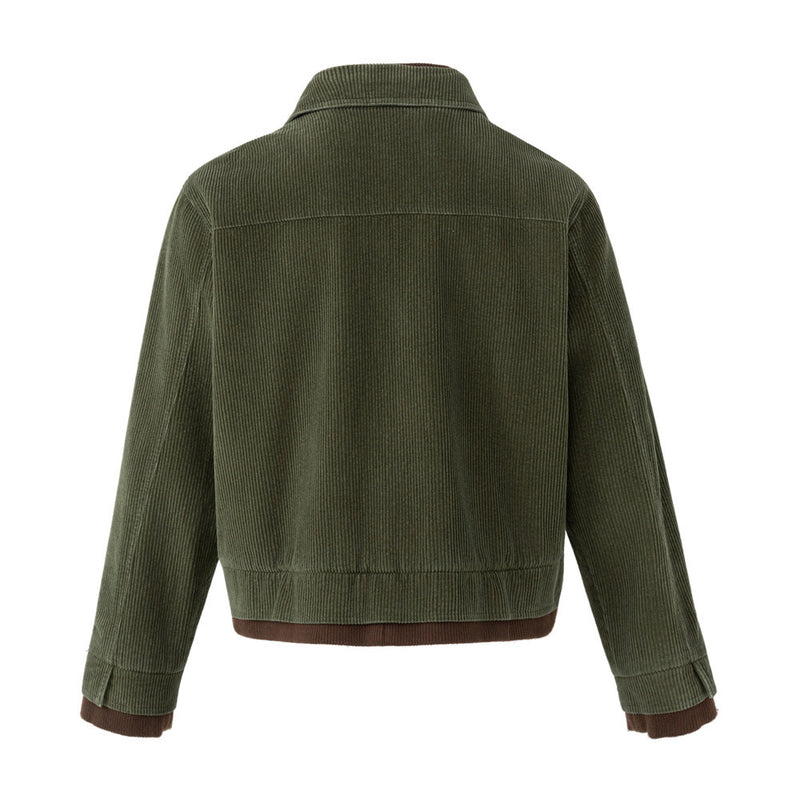 Men's Army Green Corduroy Jacket with Metal Buttons & Layered Hem Detail