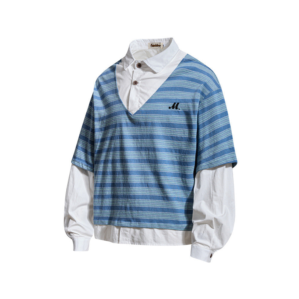 Striped Faux Two-Piece Polo Collar Long Sleeve T-Shirt