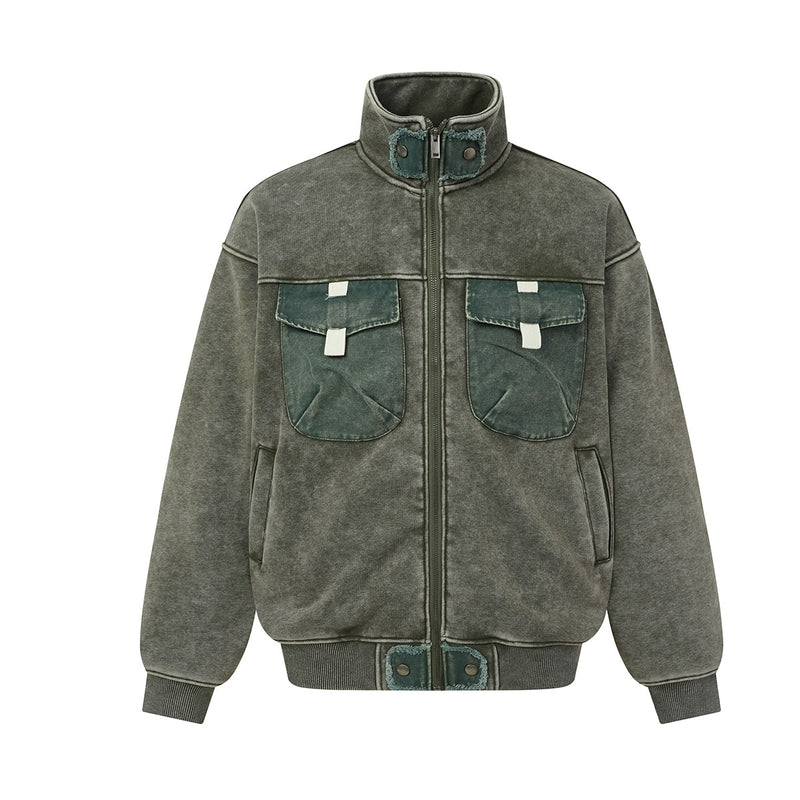 Vintage Washed Fleece-Lined Bomber Jacket – Boxy Fit Men's Zip-Up Outerwear