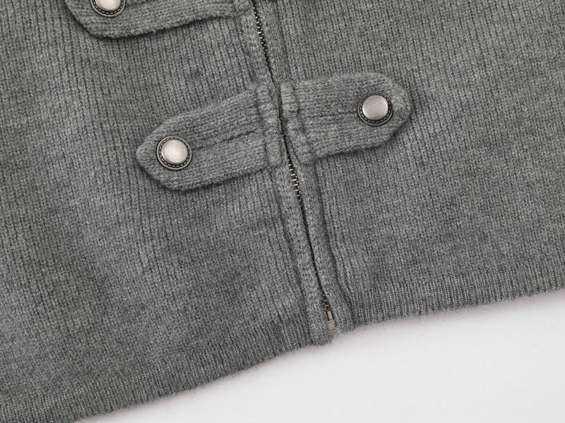 Military-Style Knit Zip Cardigan Sweater with Decorative Button Tabs