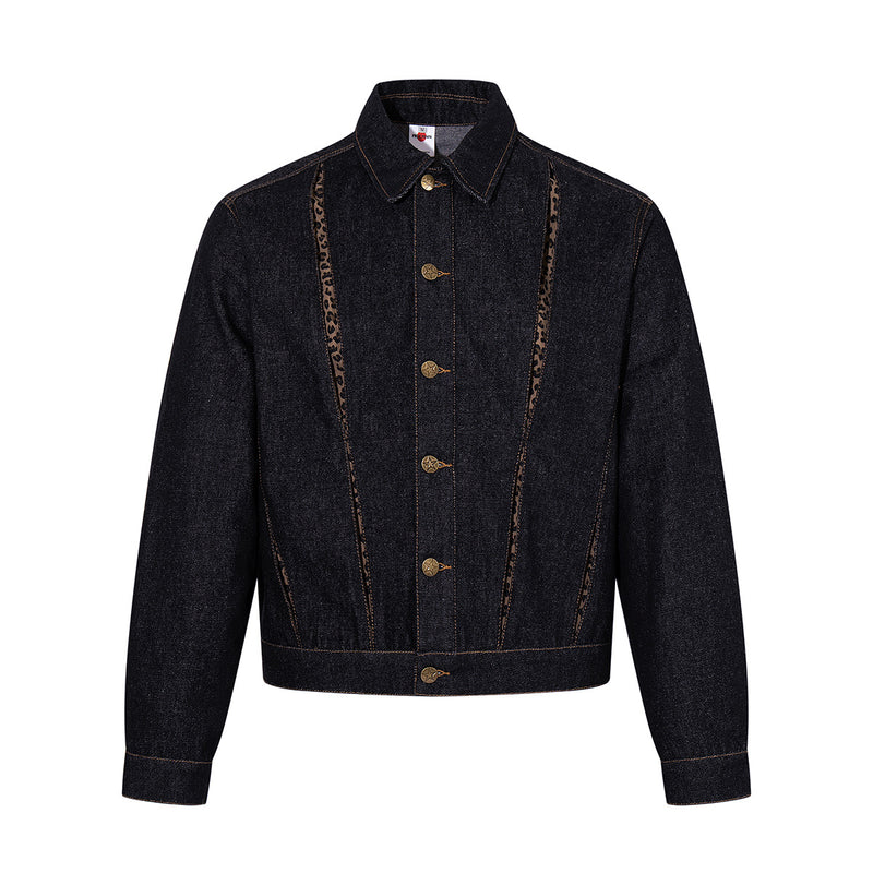 Dark Denim Boxy Jacket with Leopard Print Inset Panels