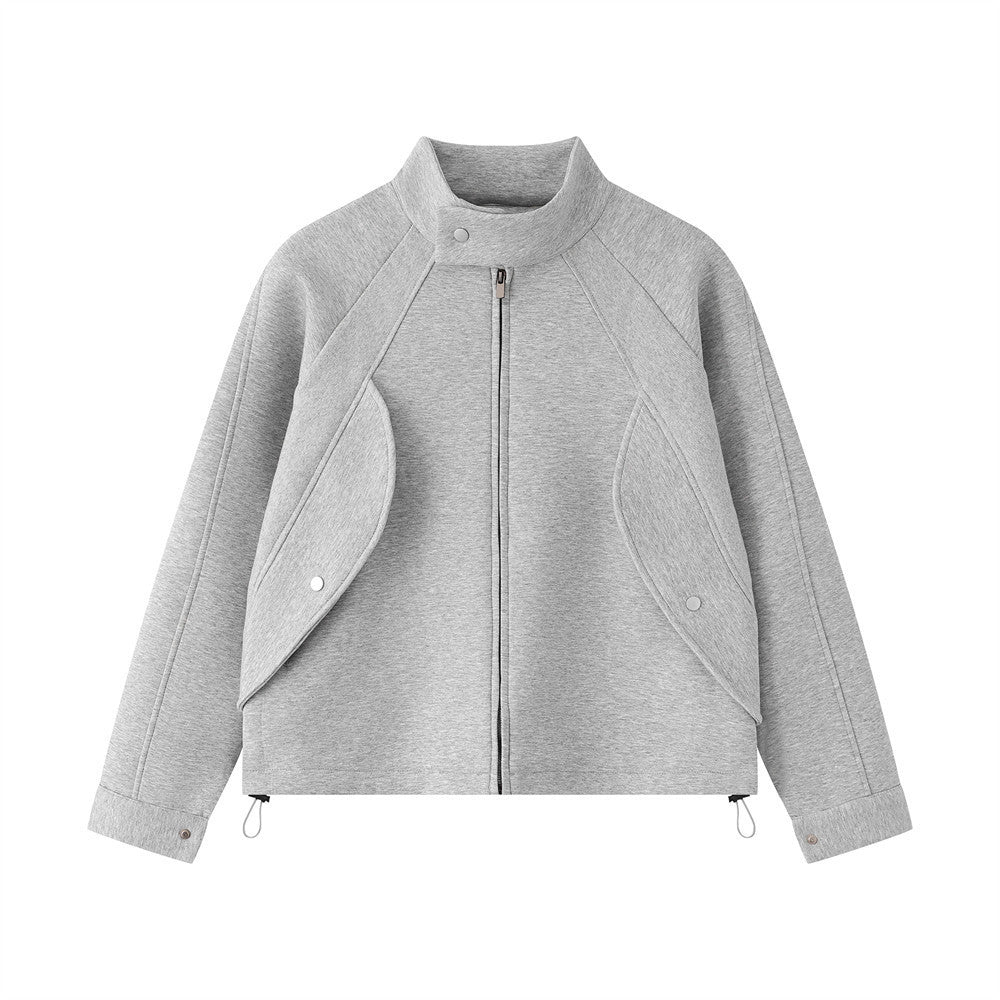 Stand Collar Zip-Up Jacket – Relaxed Fit with Drawstring Hem & Snap Detail