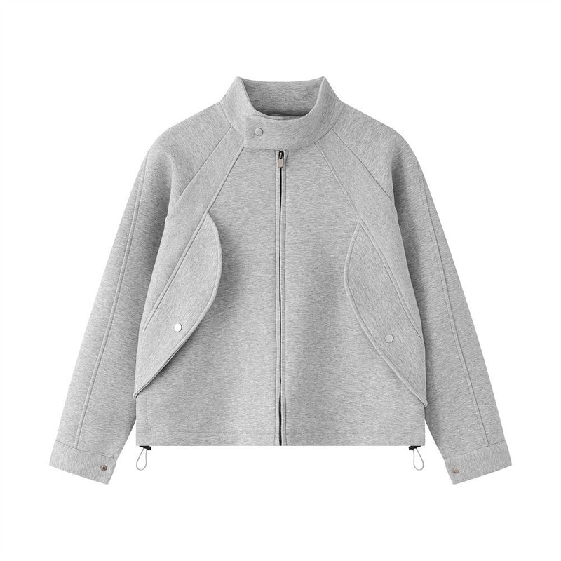 Stand Collar Zip-Up Jacket – Relaxed Fit with Drawstring Hem & Snap Detail