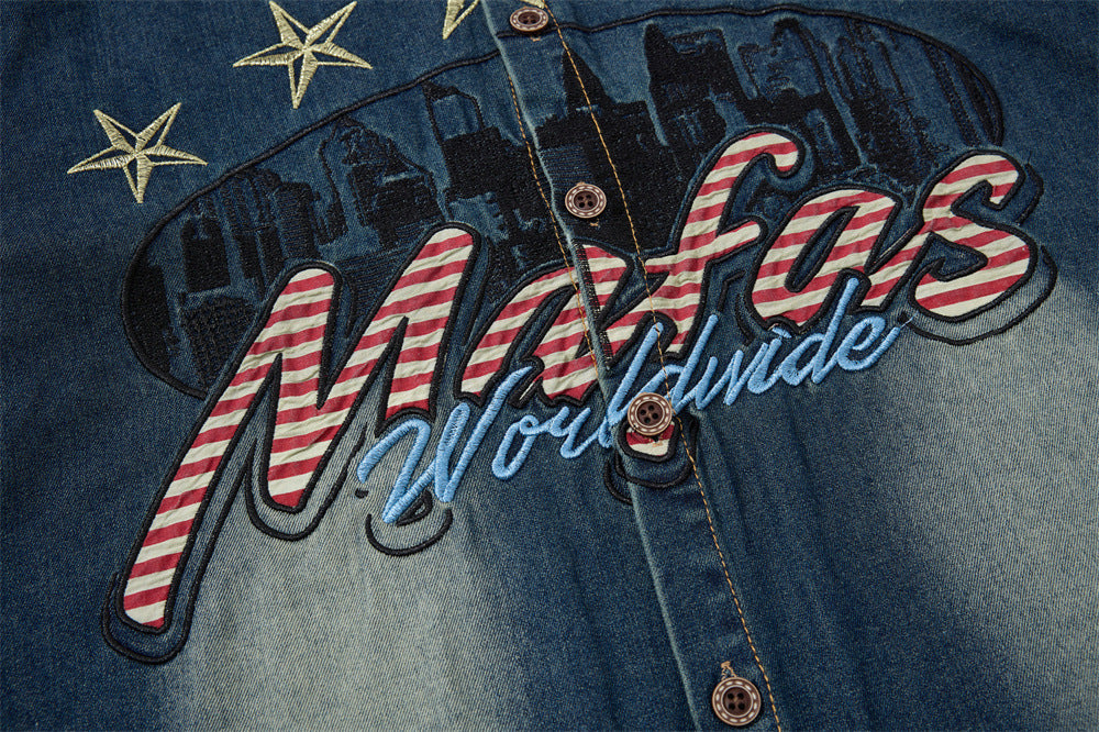 Mafas Worldwide Star Embroidered Washed Denim Shirt – Short Sleeve Oversized Fit