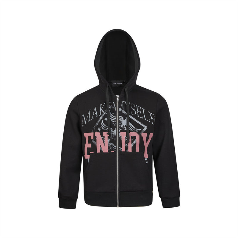 Zip up graphic hoodie with distressed eagle and MAKE MYSELF ENJOY varsity print in black and heather grey