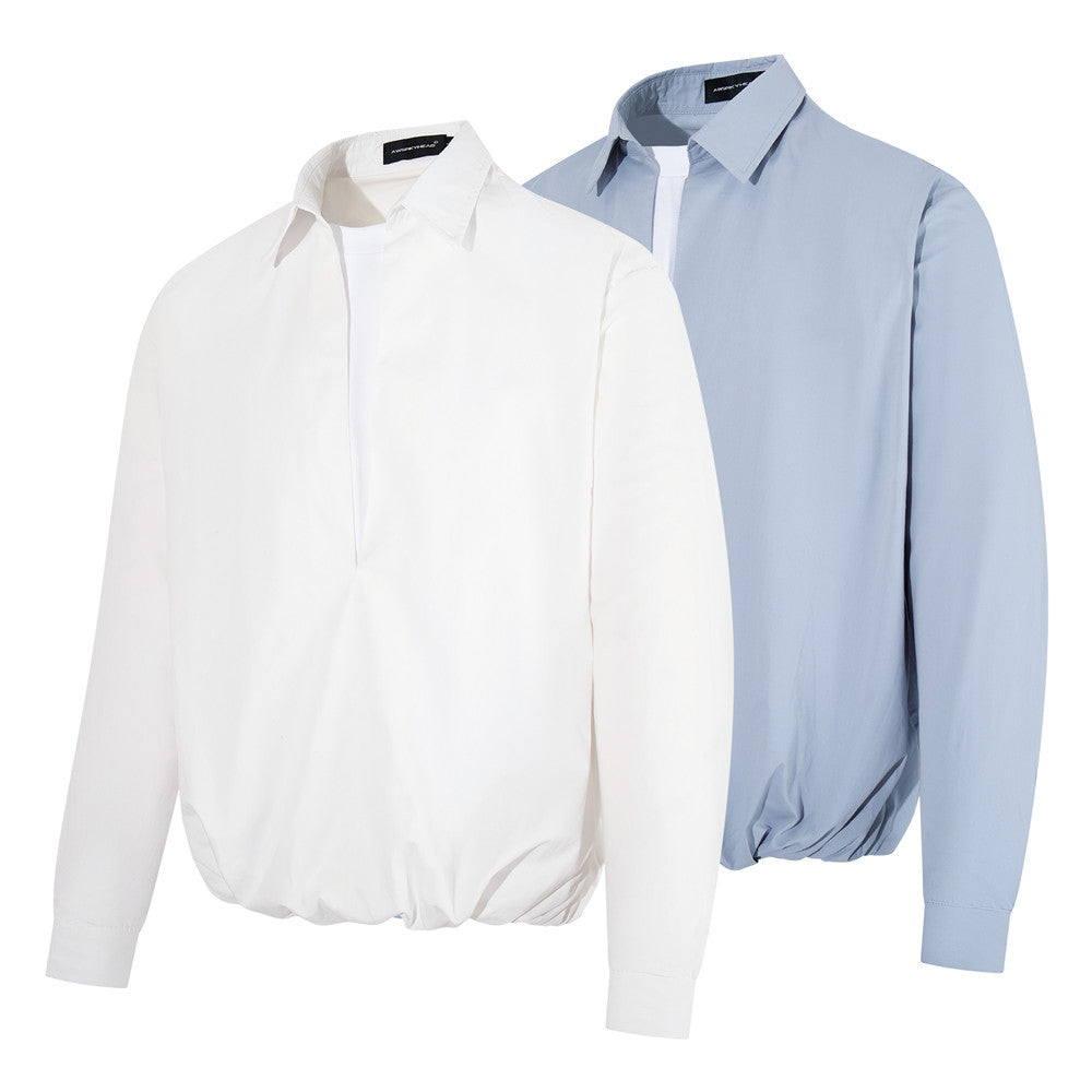 White and light blue oversized long sleeve pullover shirts with faux layered collar detail
