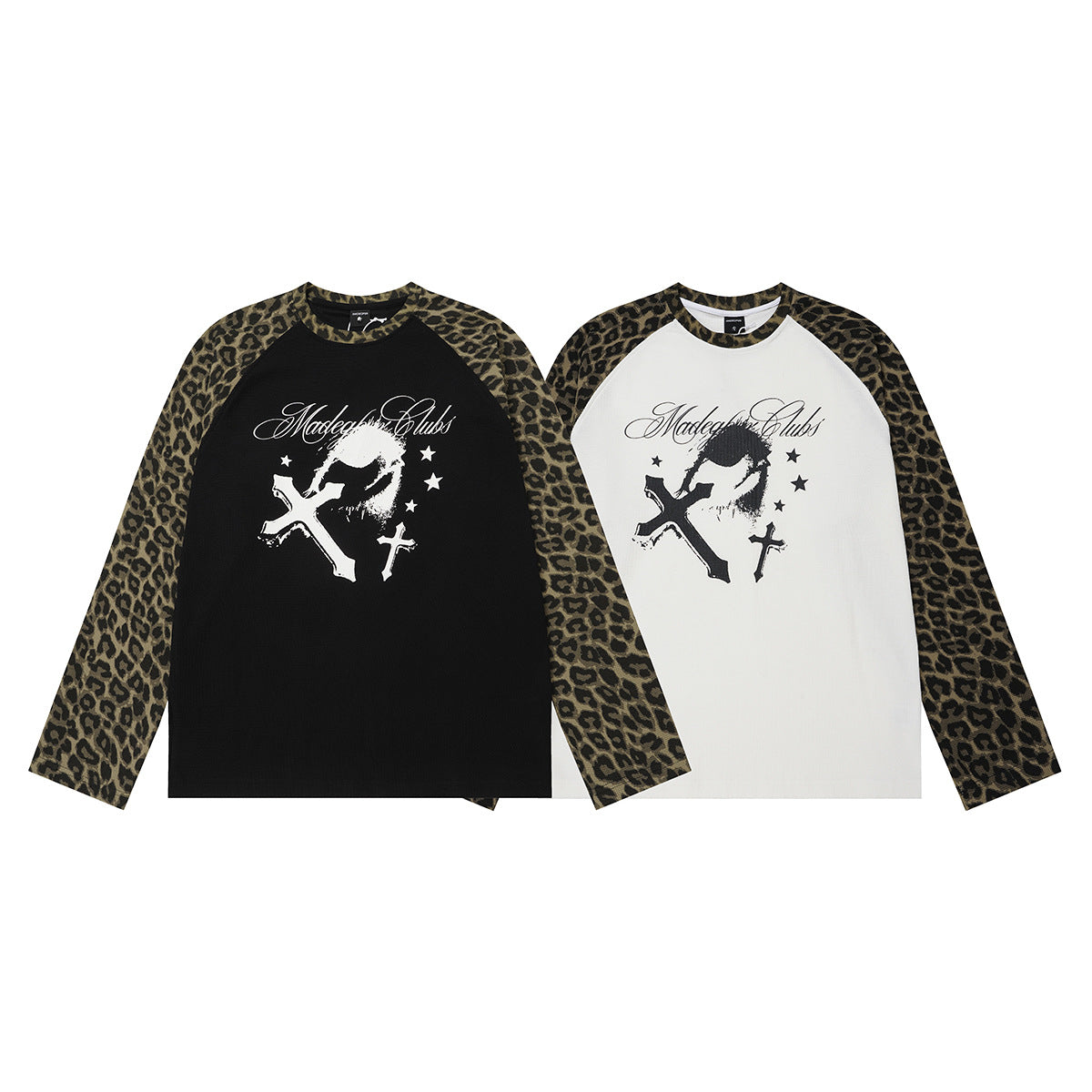 Langarm-Raglan-Shirt mit Leopardenärmeln und Gothic-Kreuz-Print
