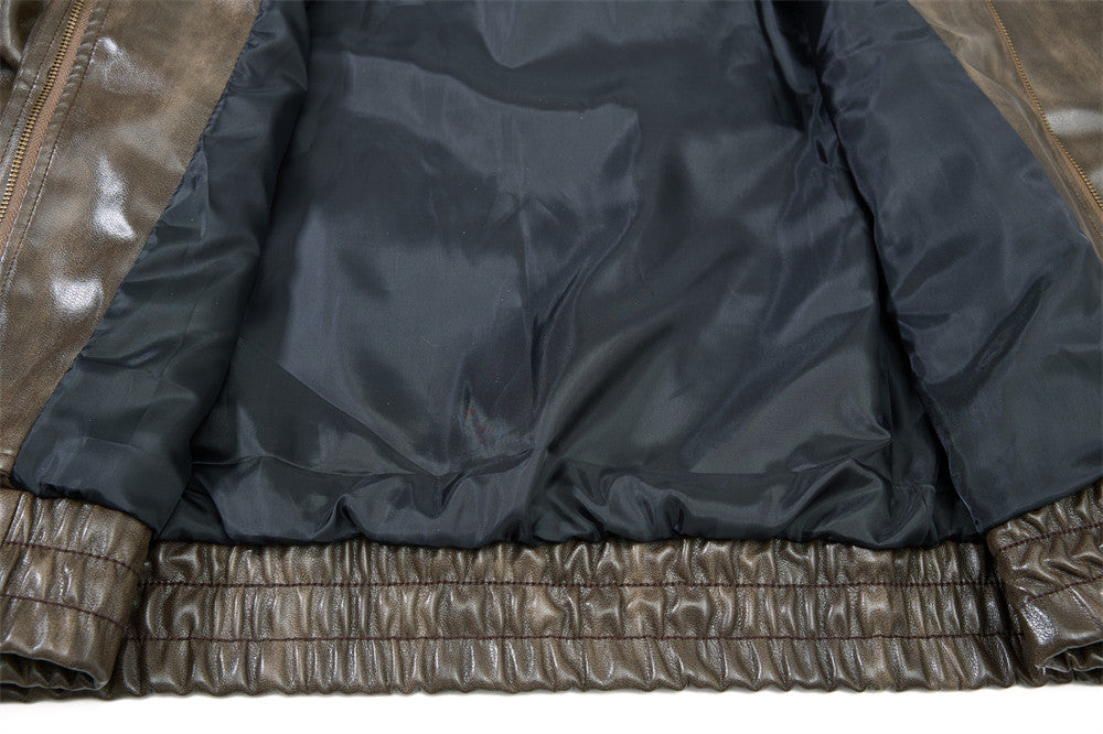 Men's Distressed Glossy PU Leather Bomber Jacket with Stand Collar & Diagonal