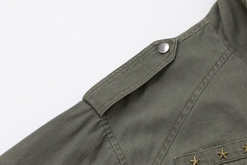 Men's Olive Military Field Jacket – Star Studs, Multi-Pocket, Drawstring Waist