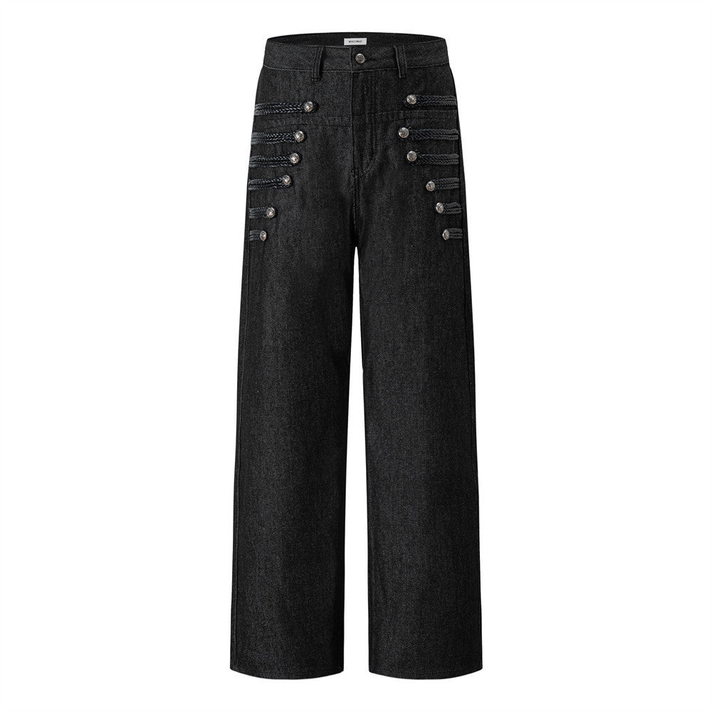 Men's black wide-leg jeans with double-breasted button and braided cord detail on the front panel, shown front and back