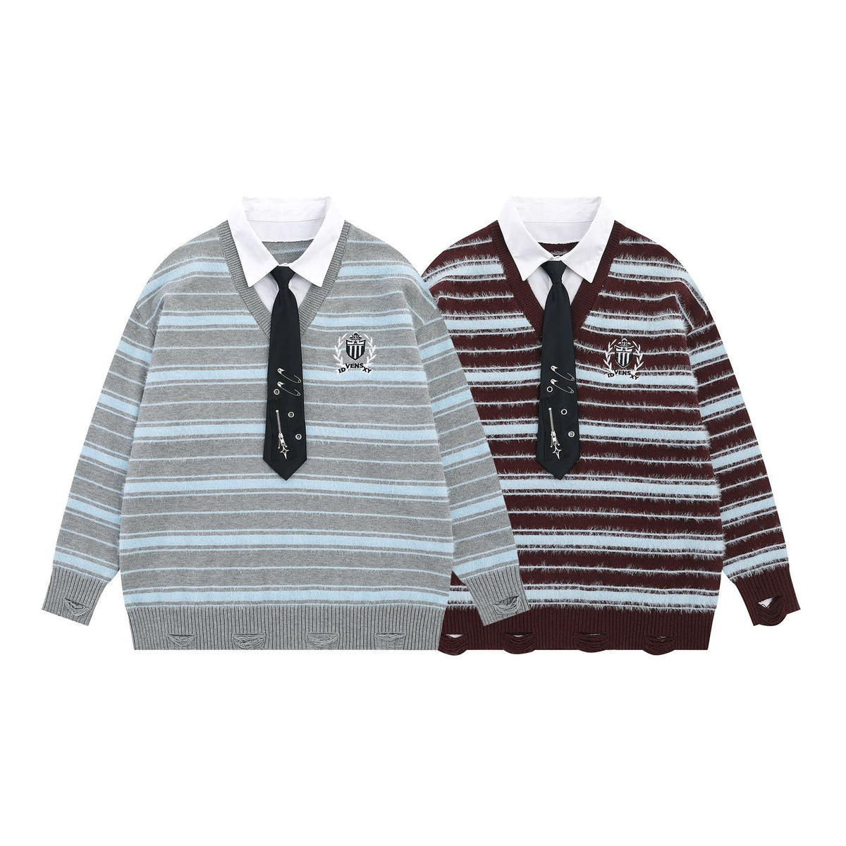 Striped Knit Sweater with Layered Shirt Collar and Tie Detail, Preppy Academy