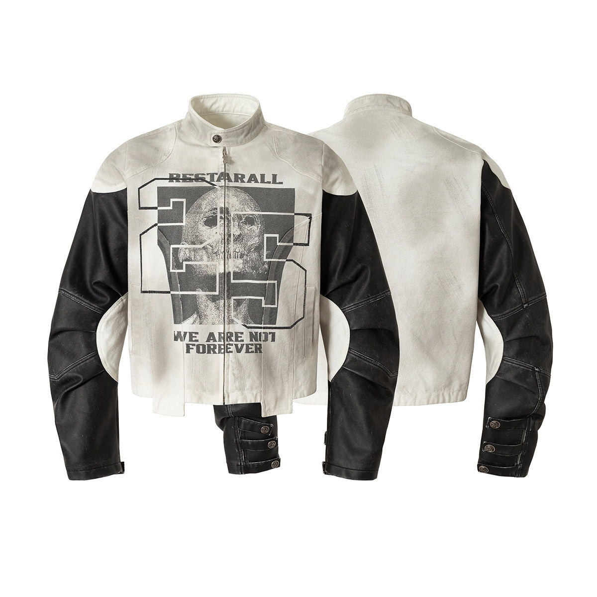 Veste moto RESTARALL bicolore écrue et noire à motif tête de mort, manches en similicuir et col montant, vues de face et de dos