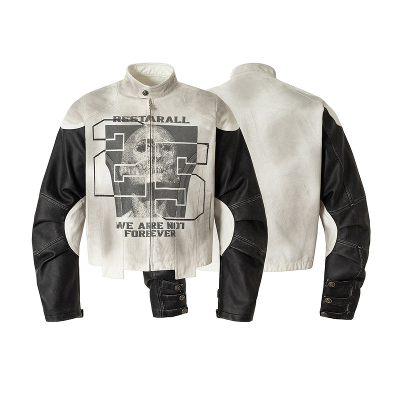 Veste moto RESTARALL bicolore écrue et noire à motif tête de mort, manches en similicuir et col montant, vues de face et de dos