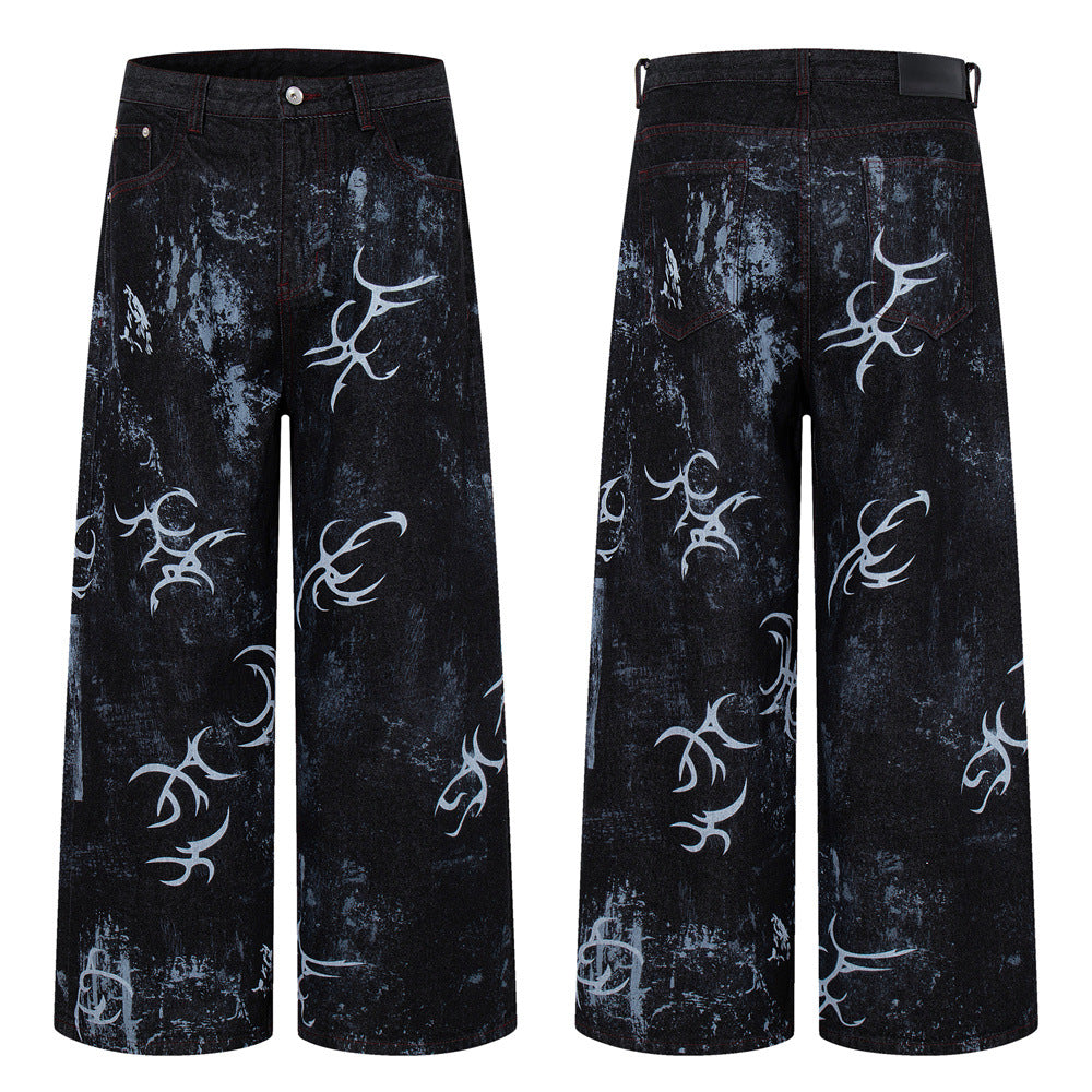 Tribal Print Baggy Jeans – Black Distressed Wide-Leg Denim