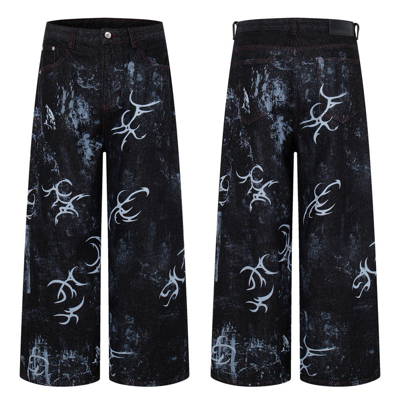 Tribal Print Baggy Jeans – Black Distressed Wide-Leg Denim