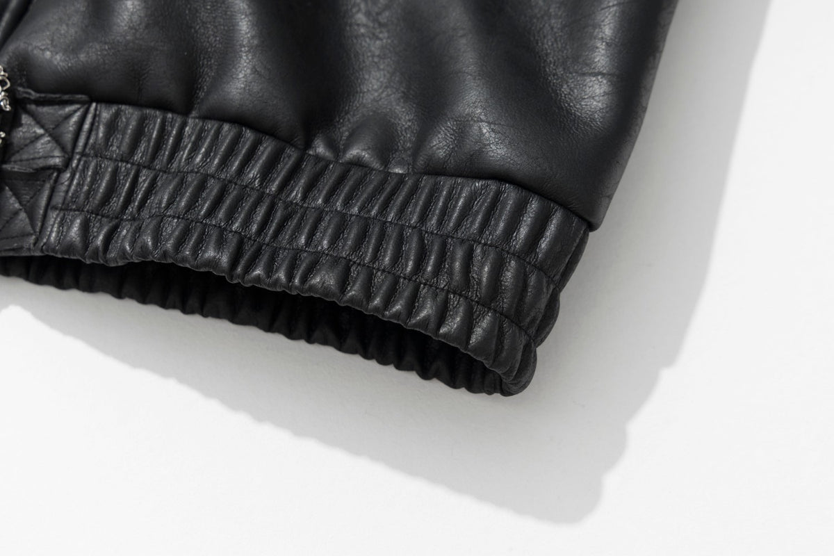 Leather Jacket with Fur Collar – Black Bomber Moto Jacket with Cargo Pockets &