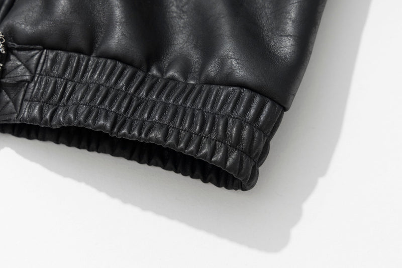 Leather Jacket with Fur Collar – Black Bomber Moto Jacket with Cargo Pockets &