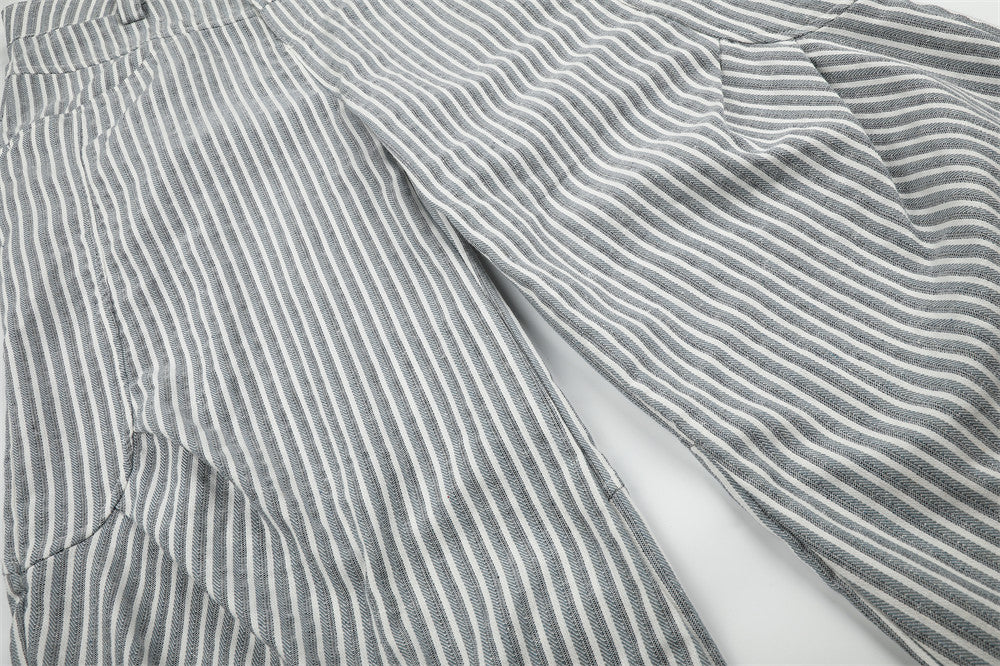Wide-Leg Striped Pants with Curved Arc Pocket Design