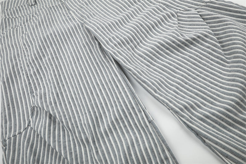 Wide-Leg Striped Pants with Curved Arc Pocket Design