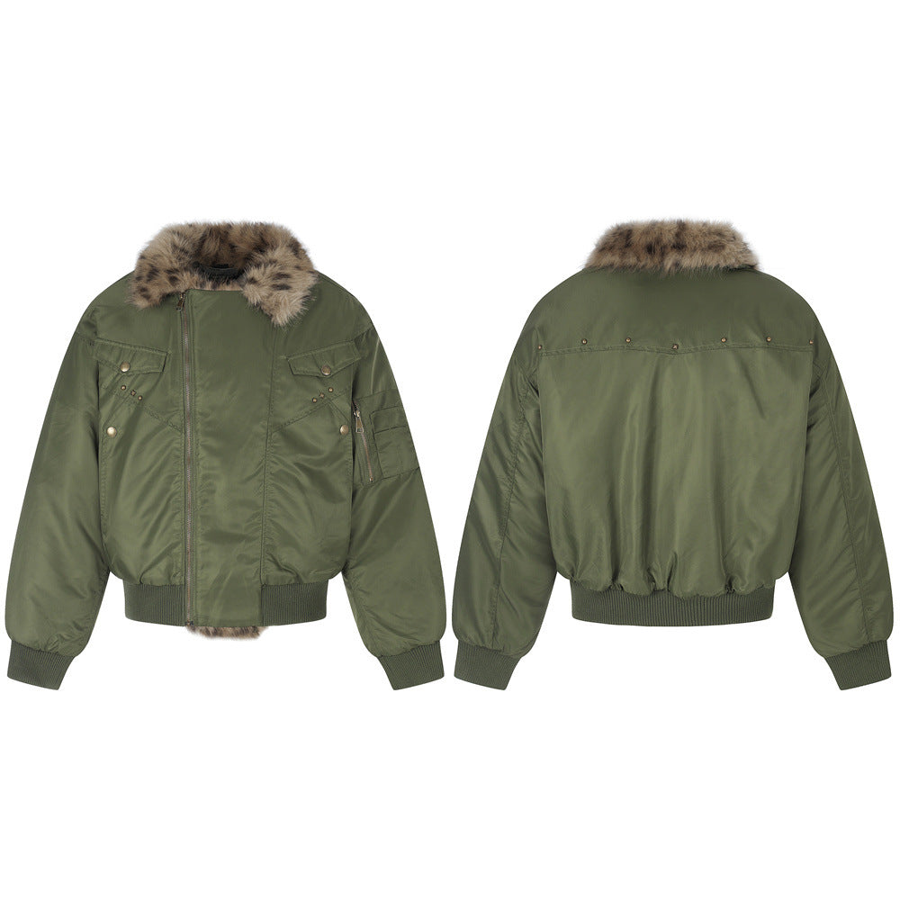 Men's Army Green Bomber Jacket with Leopard Faux Fur Collar & Rivet Detail