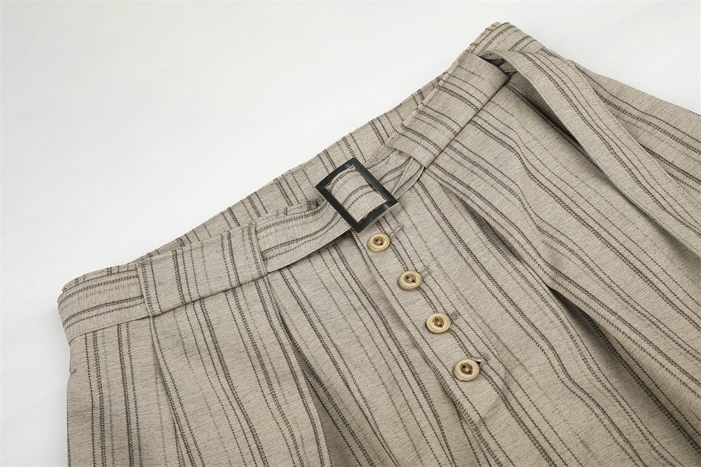 Men's Striped Wide-Leg Trousers with Button Fly and Belt