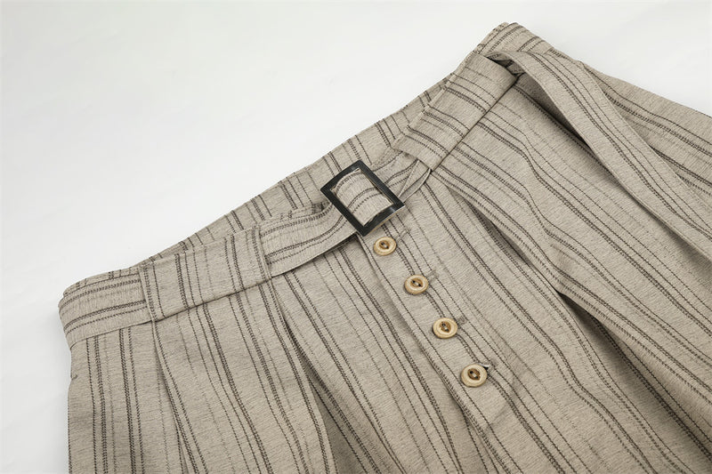Men's Striped Wide-Leg Trousers with Button Fly and Belt