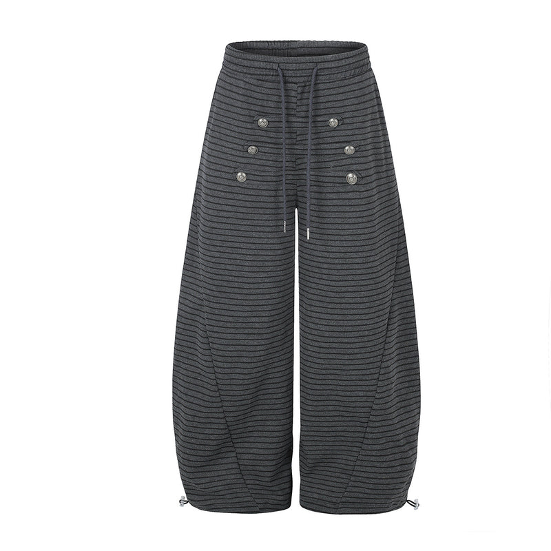 Wide-Leg Striped Sweatpants with Double-Button Detail & Drawstring Waist