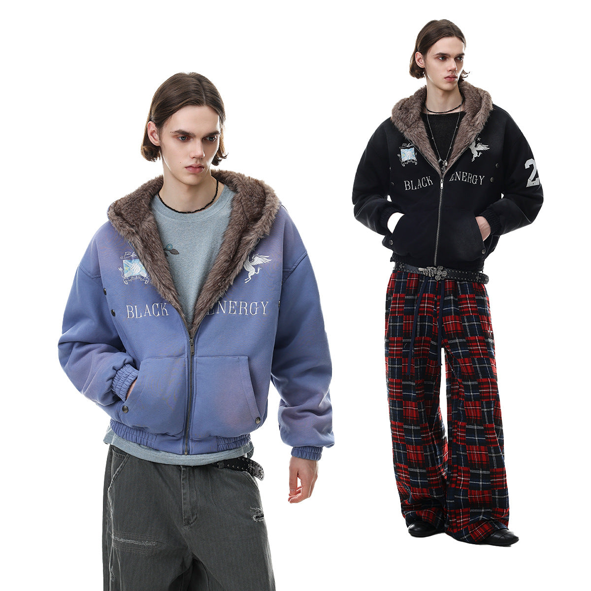 Black Energy Faux Fur-Lined Hooded Bomber Jacket – Washed Fleece Winter Coat
