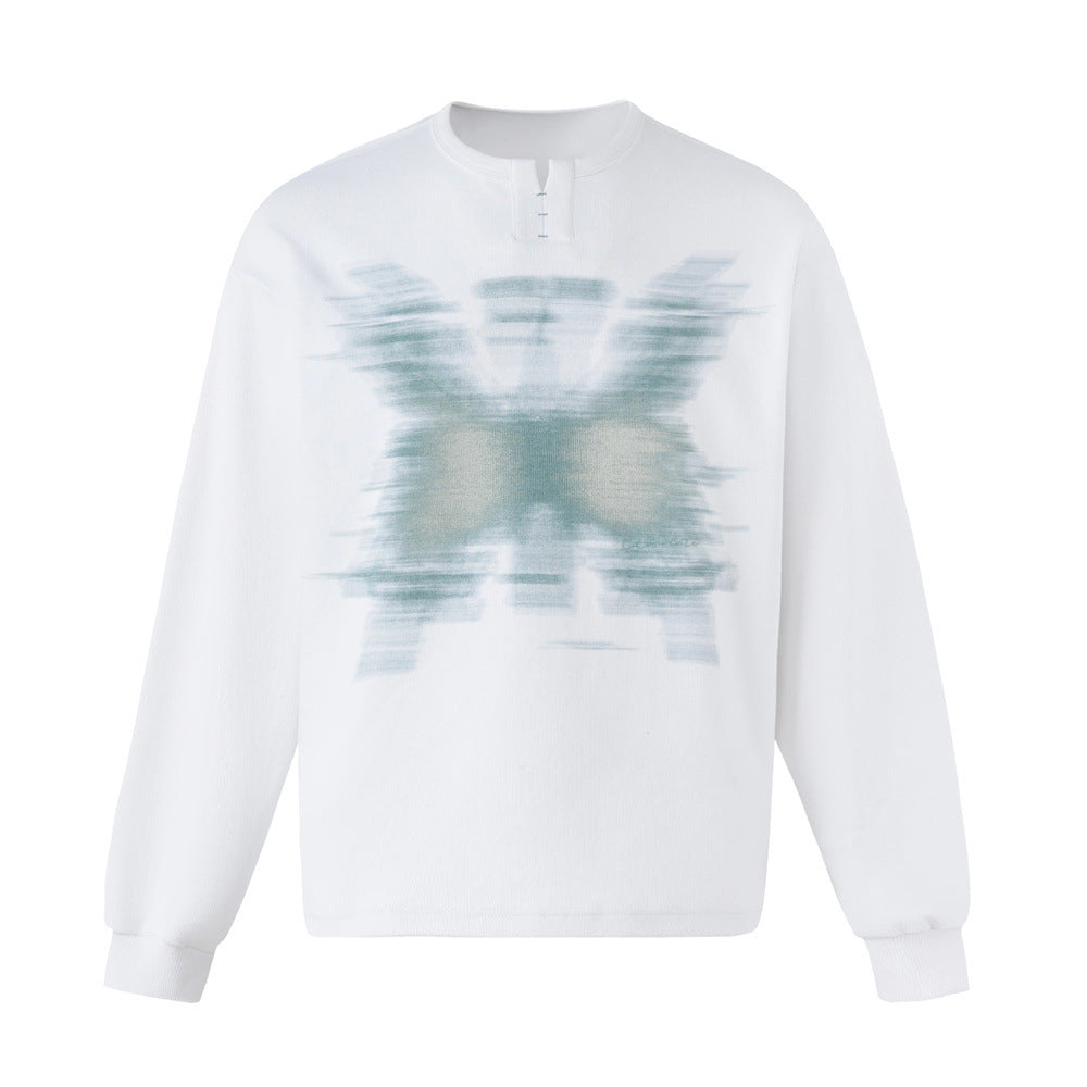 Oversized Butterfly Blur Graphic Long Sleeve Sweatshirt – Relaxed Fit Henley