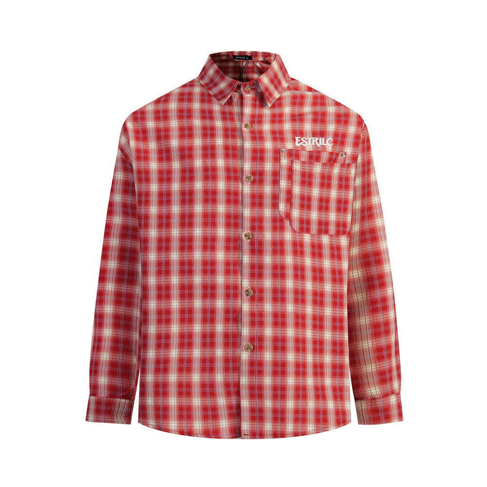 Oversized plaid long sleeve button-down shirt with embroidered logo on chest and back, shown in red colorway