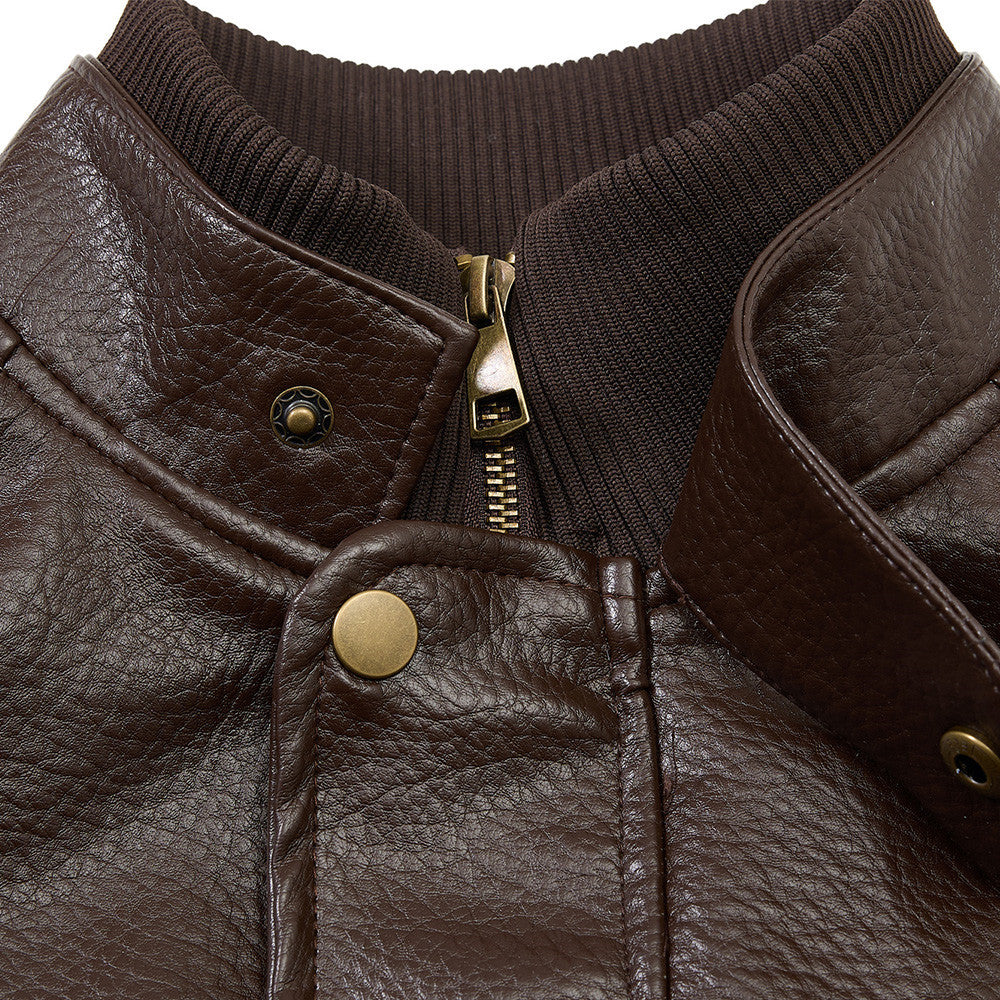Men's Vintage Leather Bomber Jacket – Stand Collar PU Leather with Snap Buttons