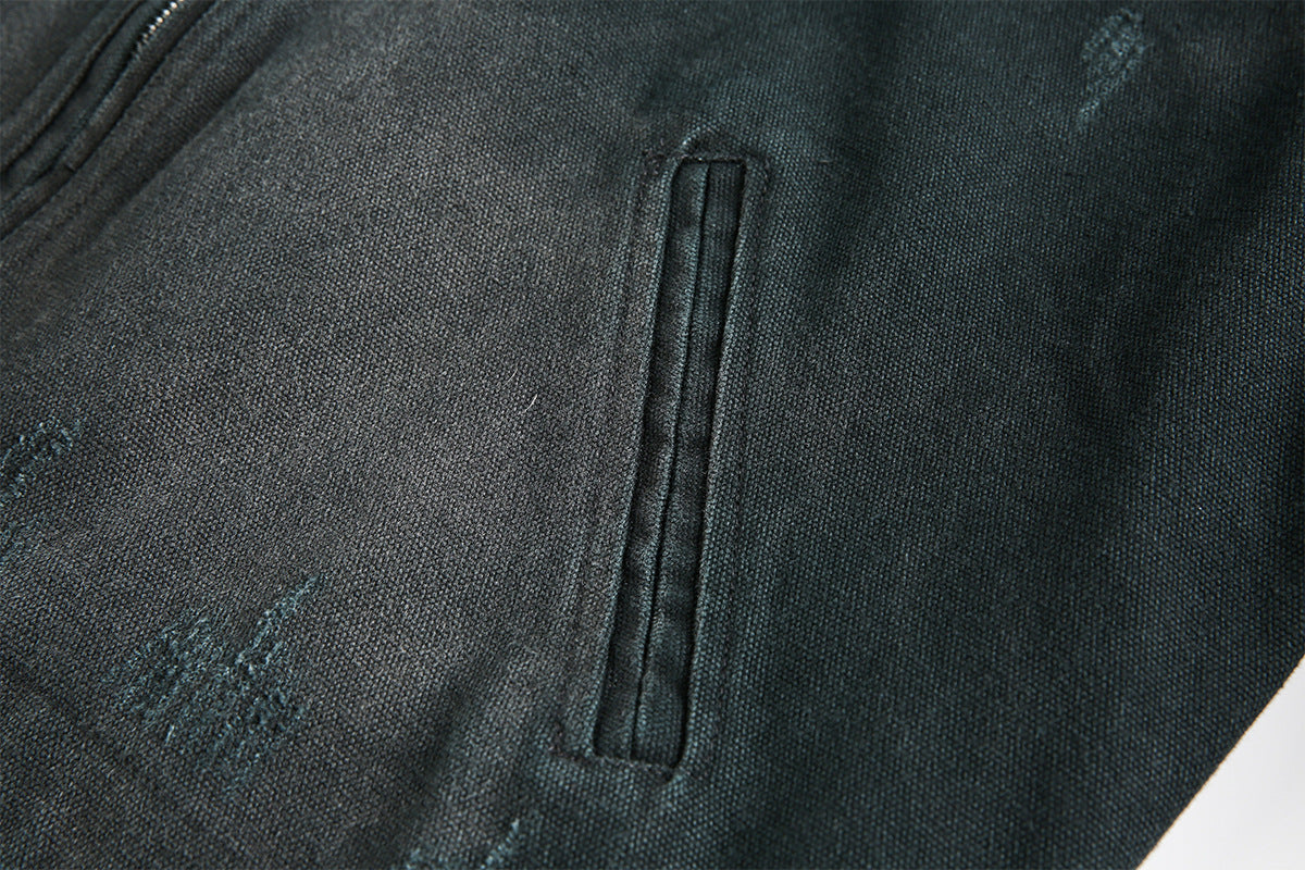 Veste workwear en toile délavée à l'acide – Imprimé graphique japonais, finition usée