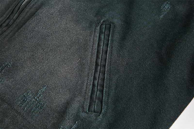 Veste workwear en toile délavée à l'acide – Imprimé graphique japonais, finition usée